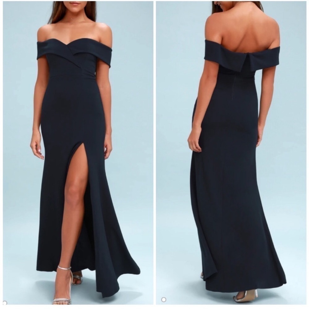 NWT Lulus Song of Love Off-the-Shoulder Slitted Maxi Dress Navy